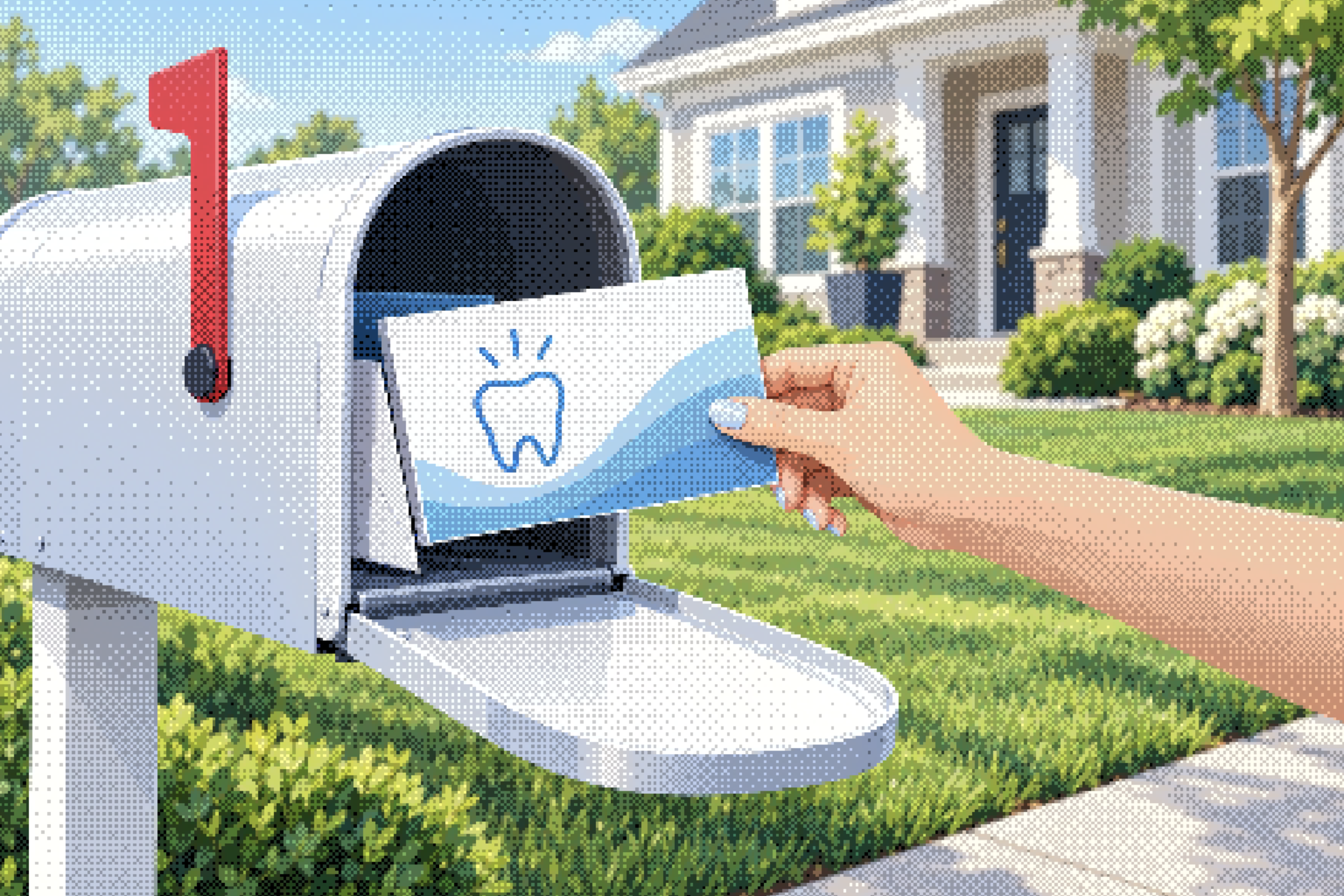 Illustration of a woman pulling a postcard from a mailbox beside a green suburban lawn